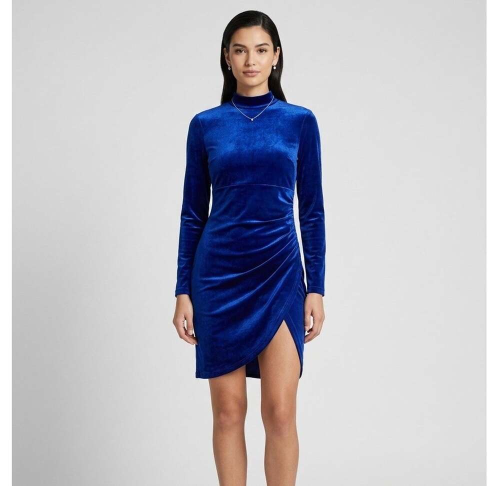 Midnight Doll Cobalt Blue Velvet Mock Neck Bodycon Mini Dress Size M Party Chic